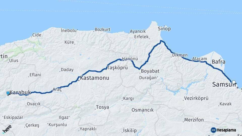 Karabük Atakum Samsun Arası Kaç Km - Yol Haritası