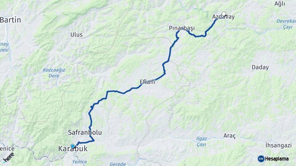 Karabük Azdavay Kastamonu Arası Kaç Km - Yol Haritası