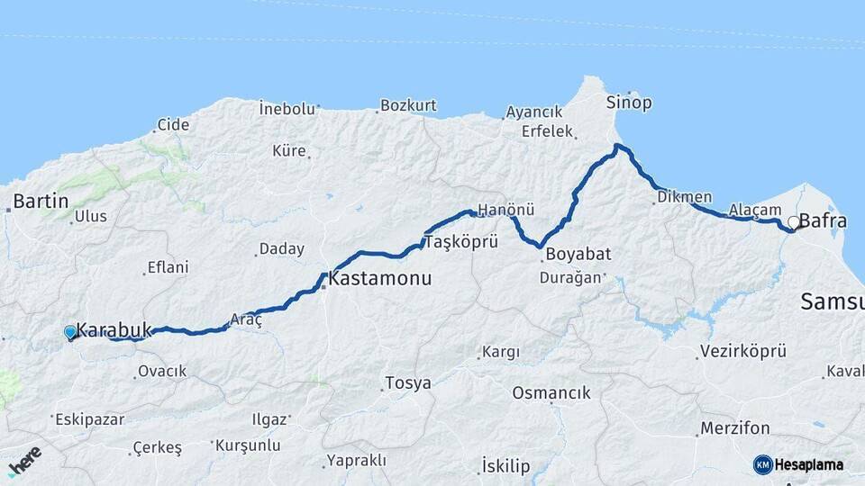 Karabük Bafra Samsun Arası Kaç Km - Yol Haritası