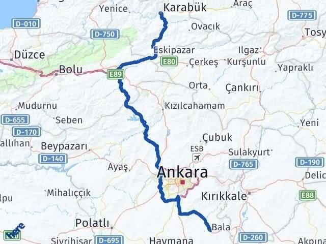 Karabük Bala Ankara Arası Kaç Km - Yol Haritası