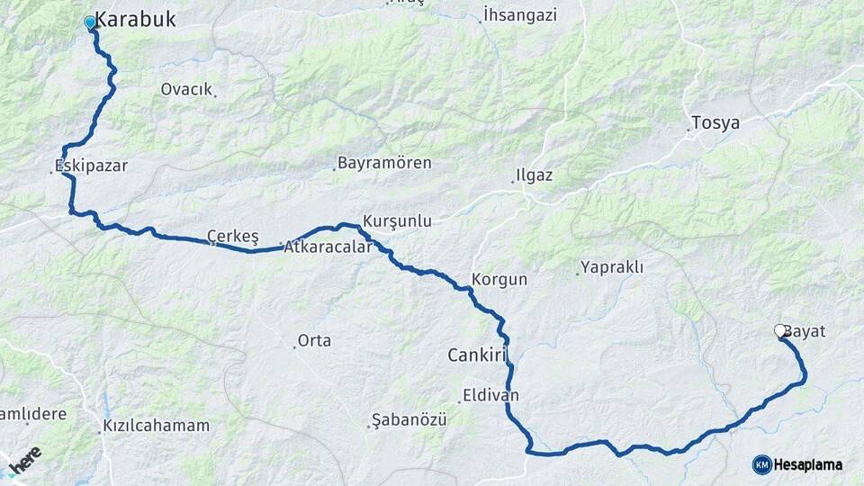 Karabük Bayat Çorum Arası Kaç Km - Yol Haritası
