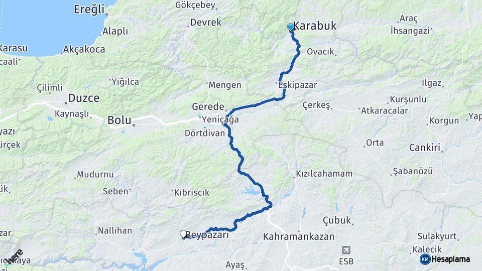 Karabük Beypazarı Ankara Arası Kaç Km - Yol Haritası