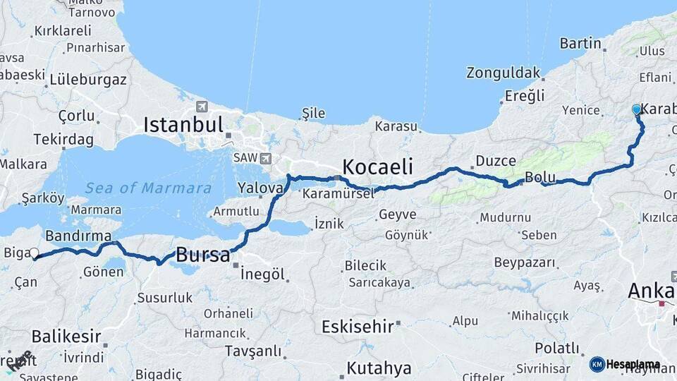 Karabük Biga Çanakkale Arası Kaç Km - Yol Haritası