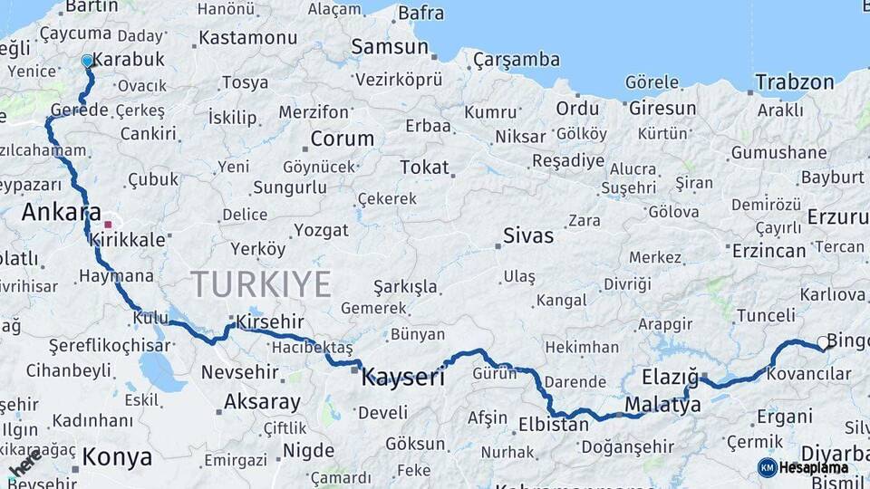 Karabük Bingöl Arası Kaç Km - Yol Haritası