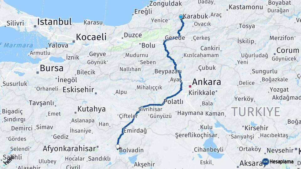 Karabük Bolvadin Afyonkarahisar Arası Kaç Km - Yol Haritası