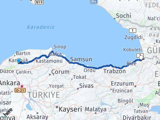 Karabük Borçka Artvin Arası Kaç Km - Yol Haritası