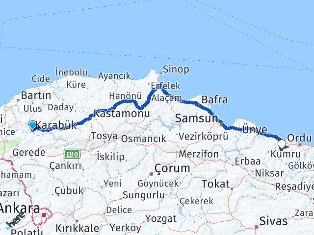 Karabük Çamaş Ordu Arası Kaç Km - Yol Haritası