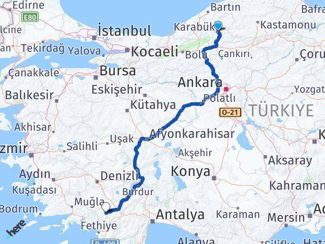 Karabük Çameli Denizli Arası Kaç Km - Yol Haritası