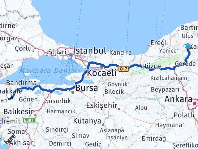 Karabük Çan Çanakkale Arası Kaç Km - Yol Haritası