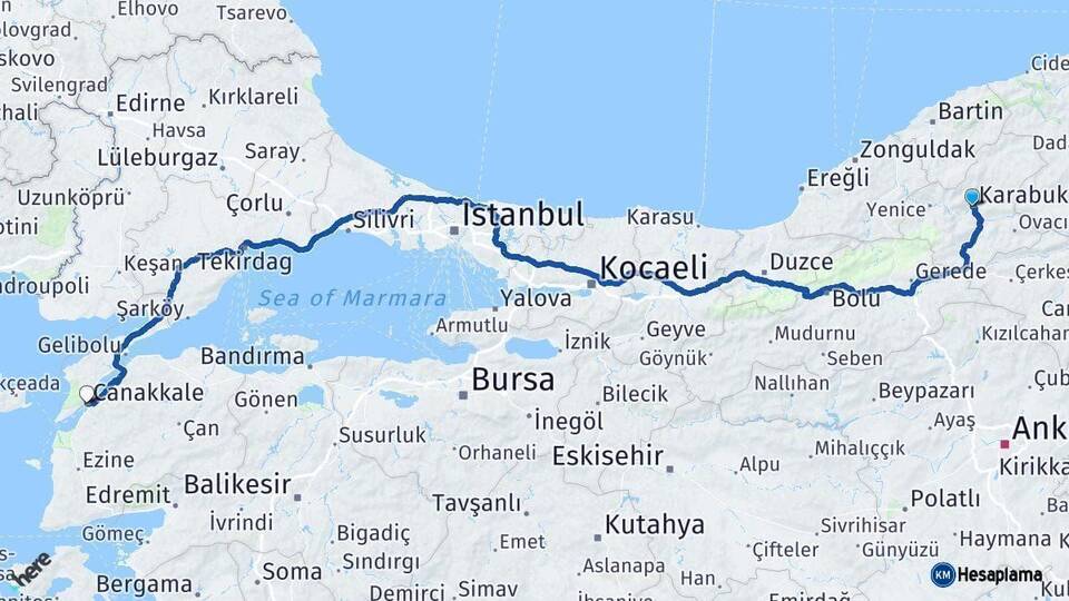Karabük Çanakkale Arası Kaç Km - Yol Haritası