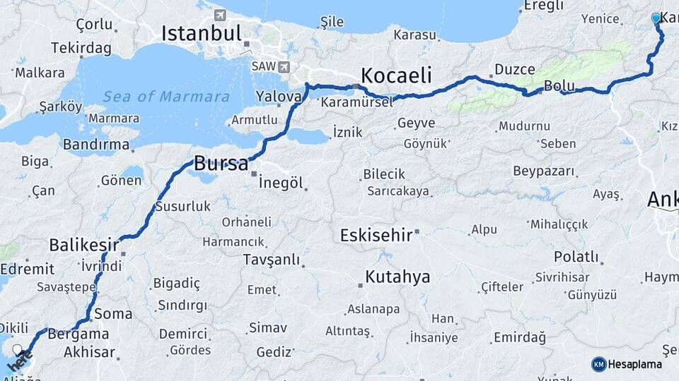 Karabük Çandarlı Dikili İzmir Arası Kaç Km - Yol Haritası