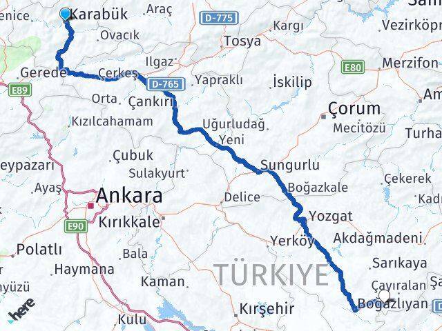 Karabük Çandır Yozgat Arası Kaç Km - Yol Haritası