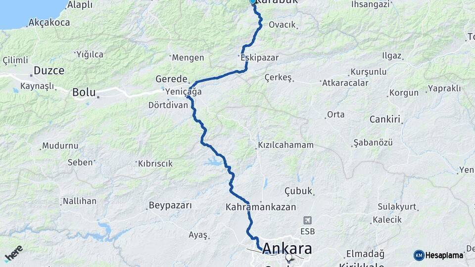 Karabük Çankaya Ankara Arası Kaç Km - Yol Haritası