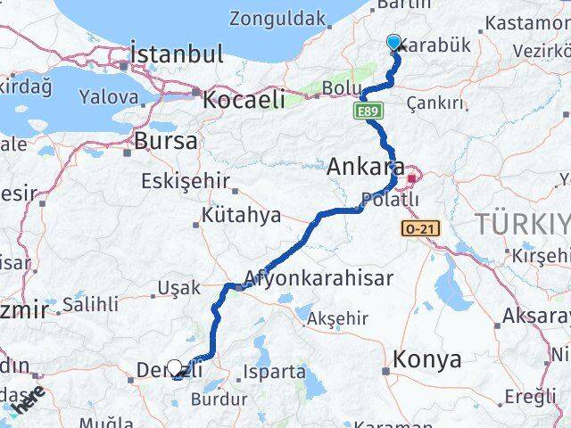 Karabük Çardak Denizli Arası Kaç Km - Yol Haritası