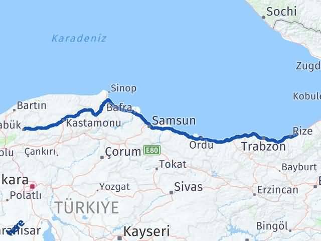 Karabük Çayeli Rize Arası Kaç Km - Yol Haritası
