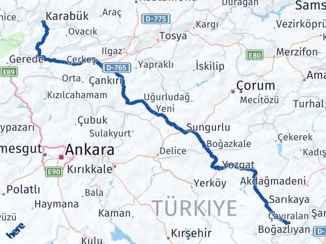 Karabük Çayıralan Yozgat Arası Kaç Km - Yol Haritası
