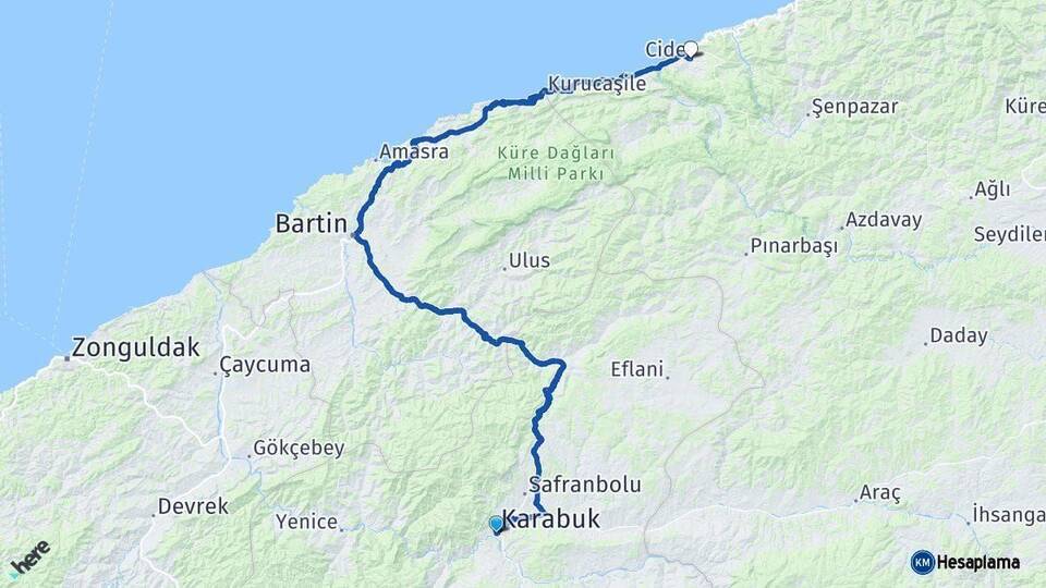 Karabük Cide Kastamonu Arası Kaç Km - Yol Haritası
