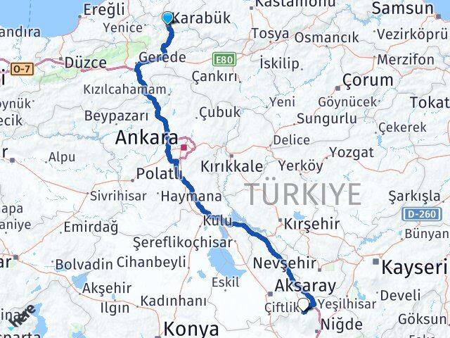 Karabük Çiftlik Niğde Arası Kaç Km - Yol Haritası
