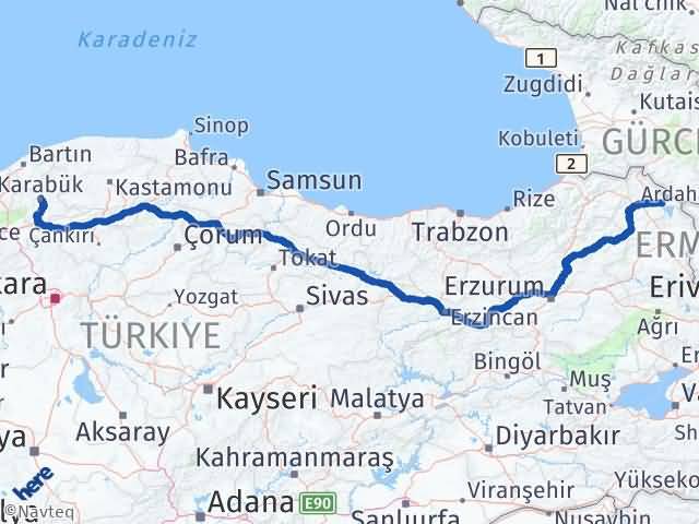 Karabük Çıldır Ardahan Arası Kaç Km - Yol Haritası