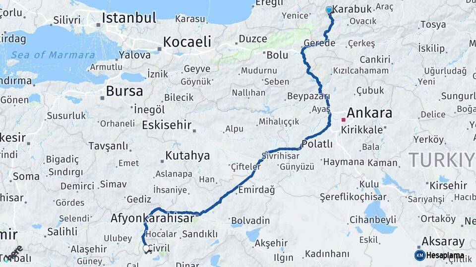 Karabük Çivril Denizli Arası Kaç Km - Yol Haritası