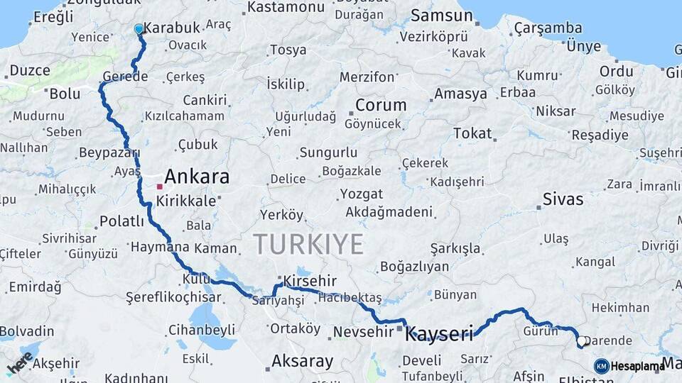 Karabük Darende Malatya Arası Kaç Km - Yol Haritası