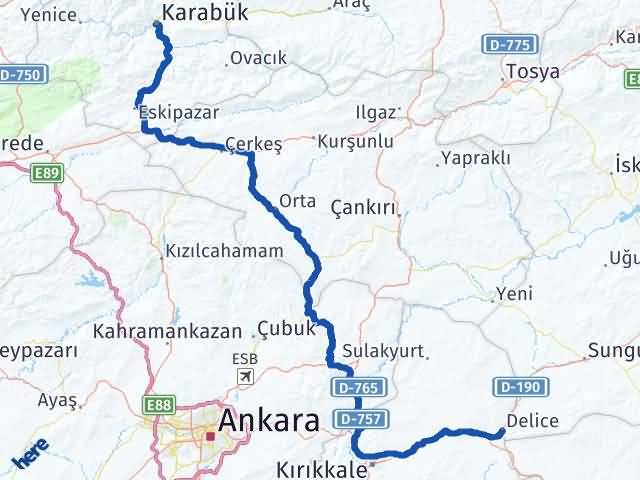 Karabük Delice Kırıkkale Arası Kaç Km - Yol Haritası