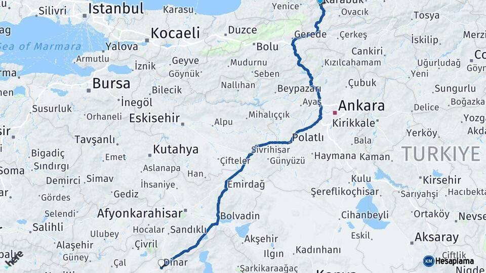 Karabük Dinar Afyonkarahisar Arası Kaç Km - Yol Haritası