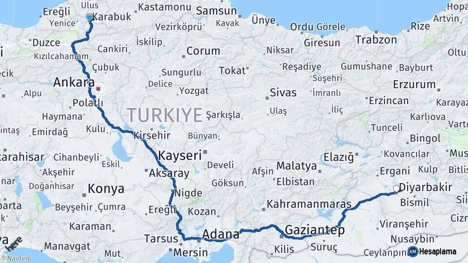 Karabük Diyarbakır Arası Kaç Km - Yol Haritası
