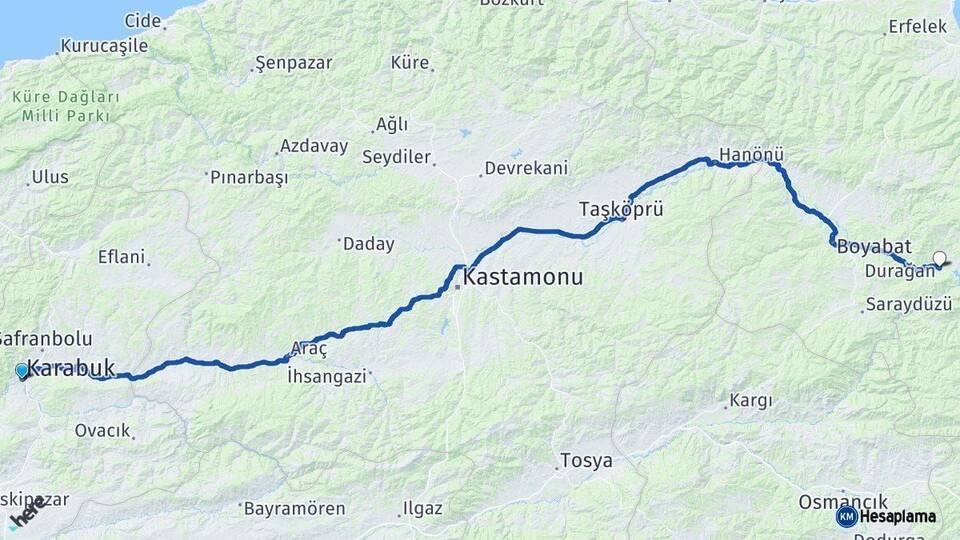 Karabük Durağan Sinop Arası Kaç Km - Yol Haritası