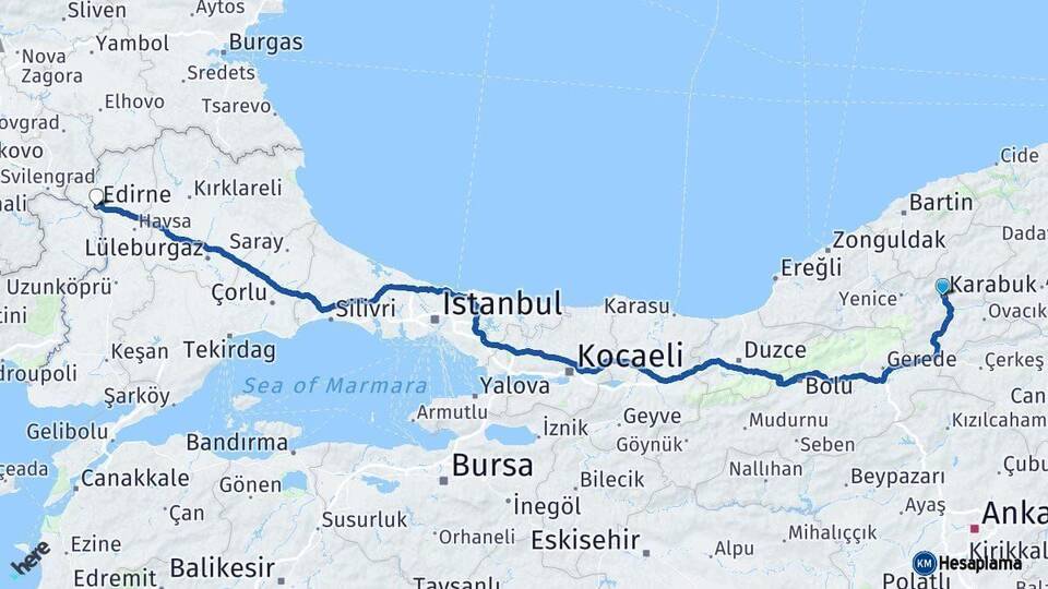 Karabük Edirne Arası Kaç Km - Yol Haritası