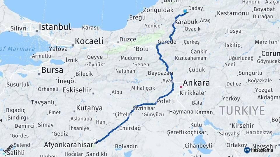 Karabük Eflani Afyonkarahisar Arası Kaç Km - Yol Haritası