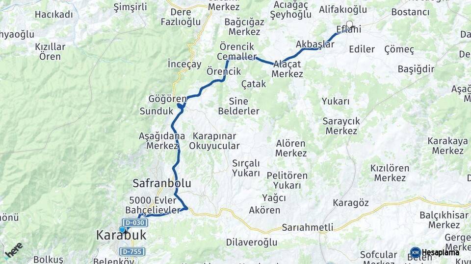 Karabük Eflani Arası Kaç Km - Yol Haritası