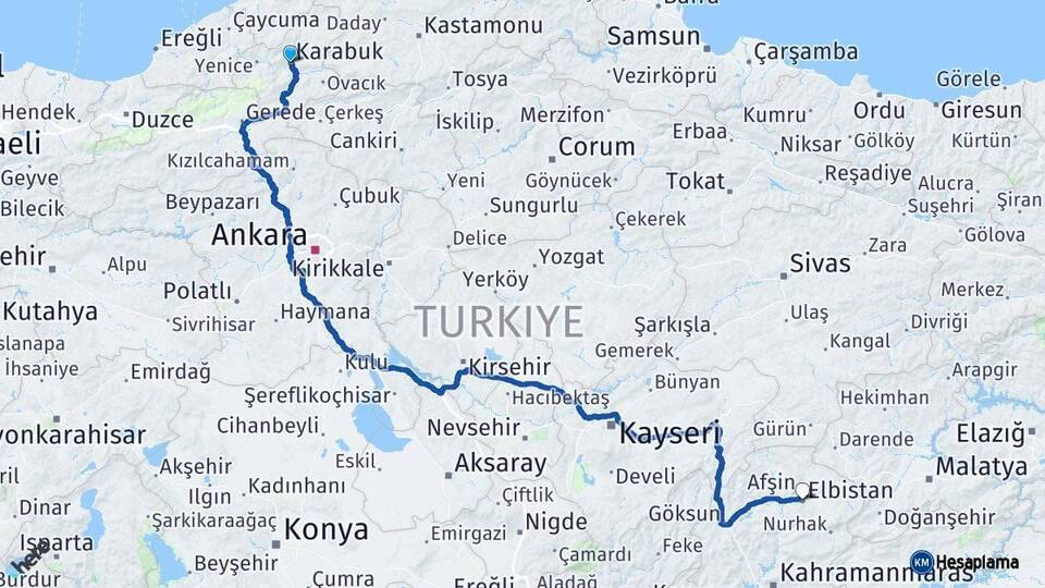 Karabük Elbistan Kahramanmaraş Arası Kaç Km - Yol Haritası