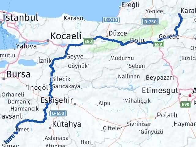 Karabük Emet Kütahya Arası Kaç Km - Yol Haritası