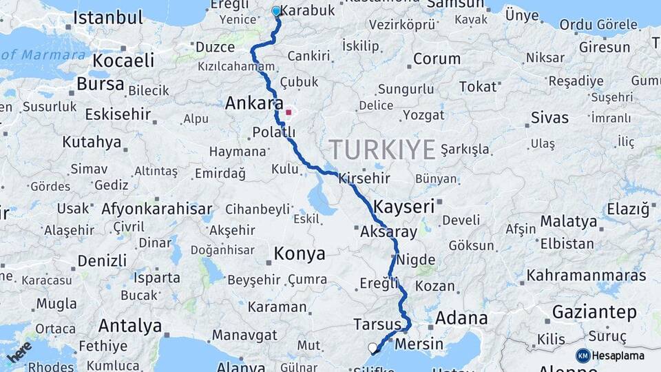 Karabük Erdemli Mersin Arası Kaç Km - Yol Haritası