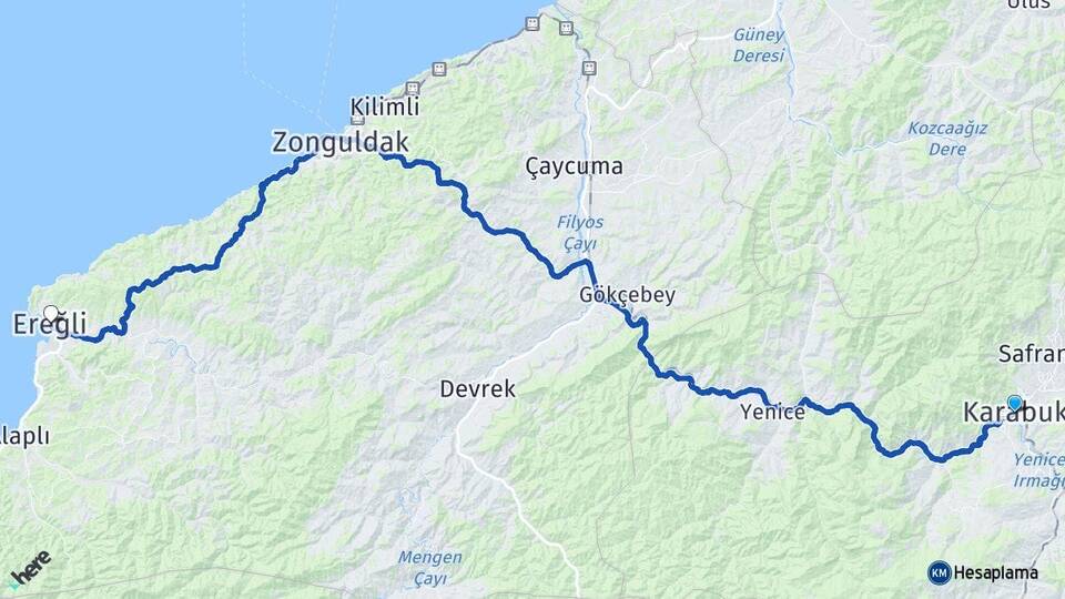 Karabük Ereğli Zonguldak Arası Kaç Km - Yol Haritası