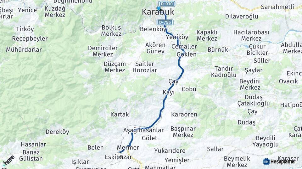 Karabük Eskipazar Arası Kaç Km - Yol Haritası
