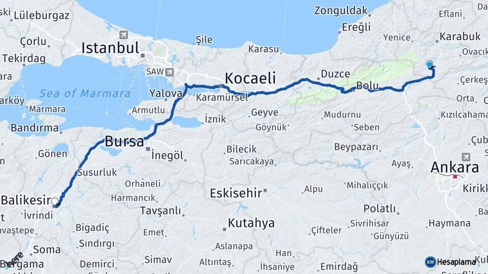 Karabük Eskipazar Balıkesir Arası Kaç Km - Yol Haritası