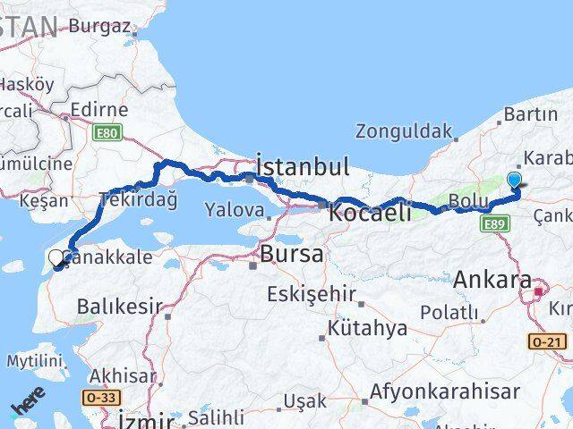 Karabük Eskipazar Çanakkale Arası Kaç Km - Yol Haritası