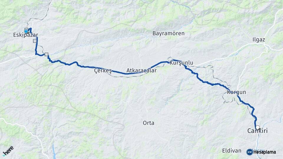 Karabük Eskipazar Çankırı Arası Kaç Km - Yol Haritası