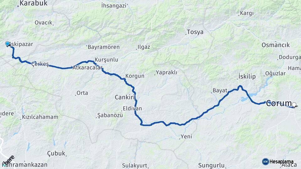 Karabük Eskipazar Çorum Arası Kaç Km - Yol Haritası