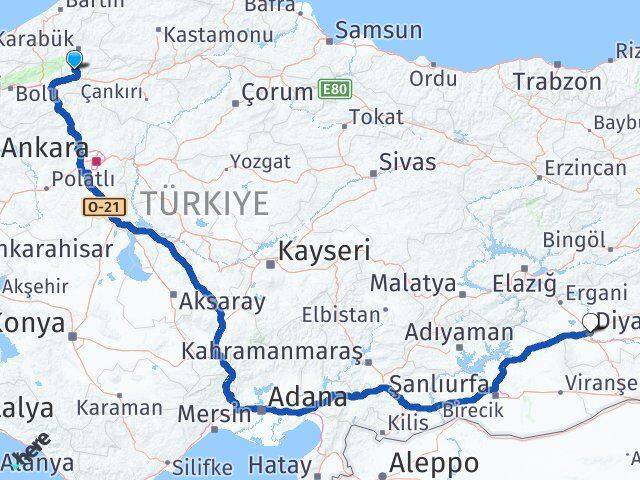 Karabük Eskipazar Diyarbakır Arası Kaç Km - Yol Haritası