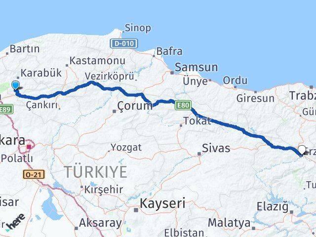 Karabük Eskipazar Erzincan Arası Kaç Km - Yol Haritası
