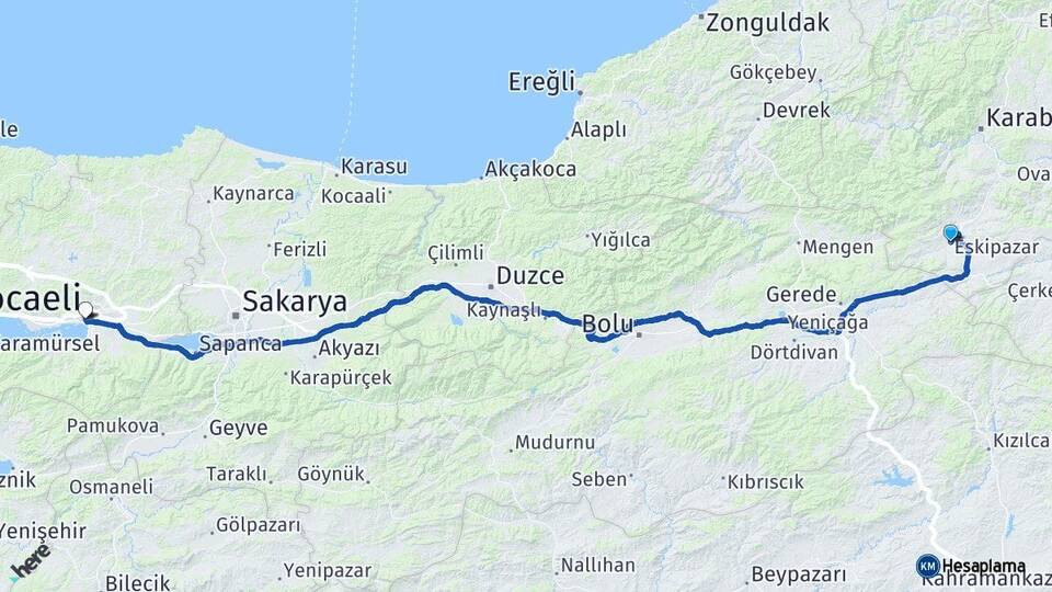 Karabük Eskipazar İzmit Kocaeli Arası Kaç Km - Yol Haritası