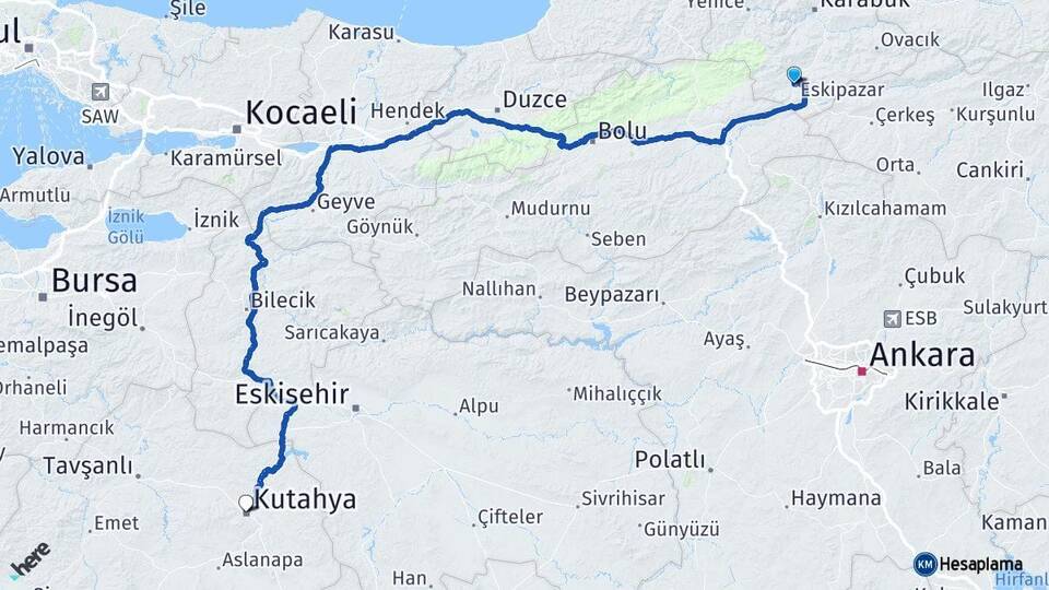 Karabük Eskipazar Kütahya Arası Kaç Km - Yol Haritası