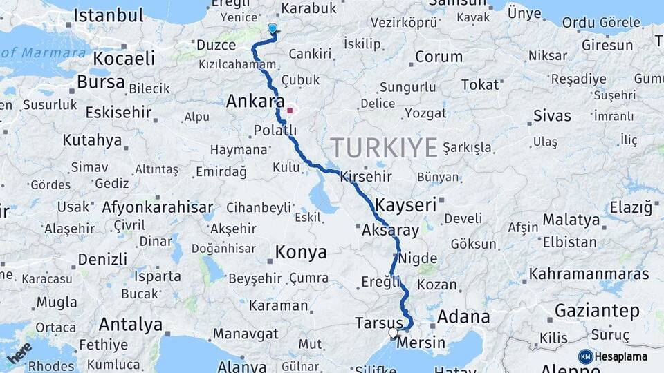 Karabük Eskipazar Mersin Arası Kaç Km - Yol Haritası