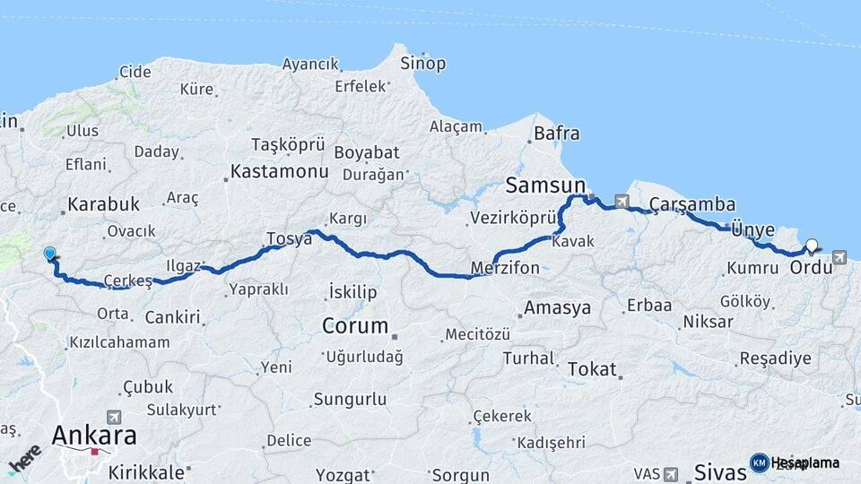 Karabük Eskipazar Ordu Arası Kaç Km - Yol Haritası