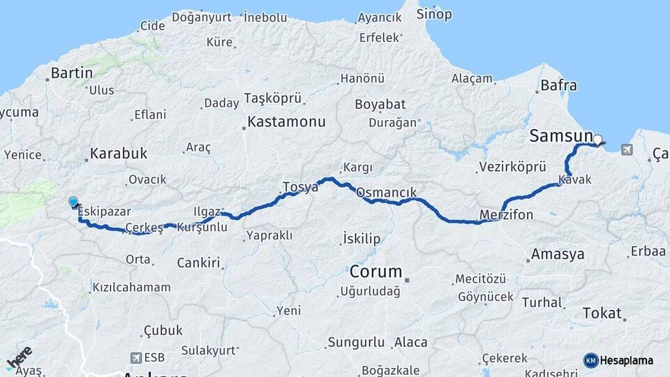 Karabük Eskipazar Samsun Arası Kaç Km - Yol Haritası
