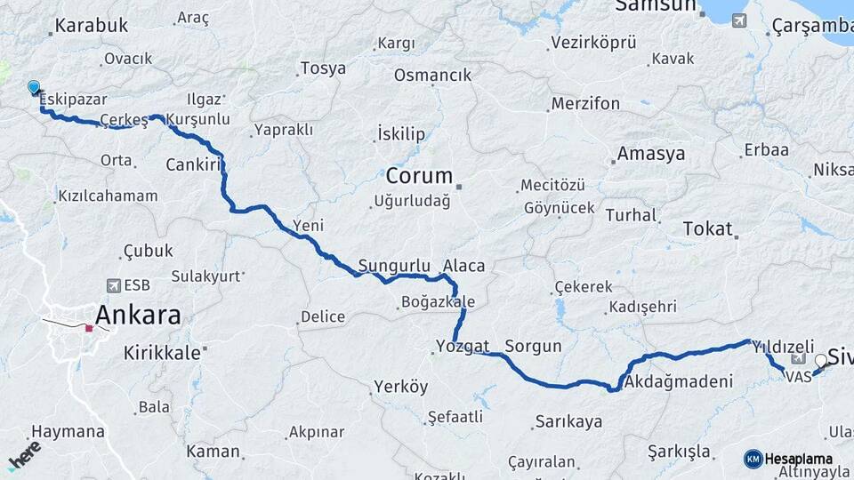 Karabük Eskipazar Sivas Arası Kaç Km - Yol Haritası