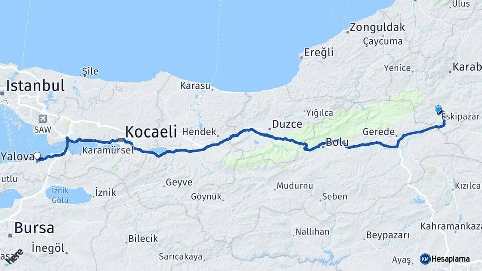 Karabük Eskipazar Yalova Arası Kaç Km - Yol Haritası
